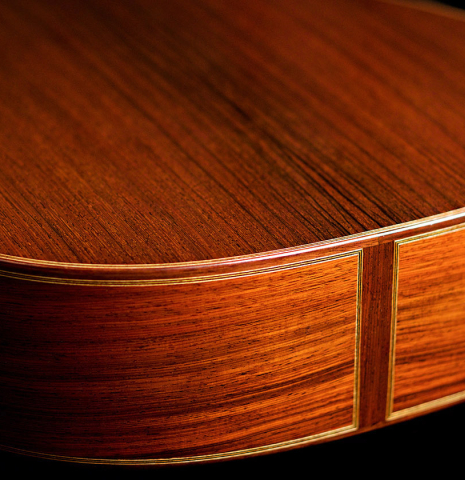 The back and sides of a 2022 Juan Garcia Fernandez classical guitar made with spruce top and cocobolo