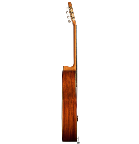 The side of a 2022 Juan Garcia Fernandez classical guitar made with spruce top and cocobolo back and sides