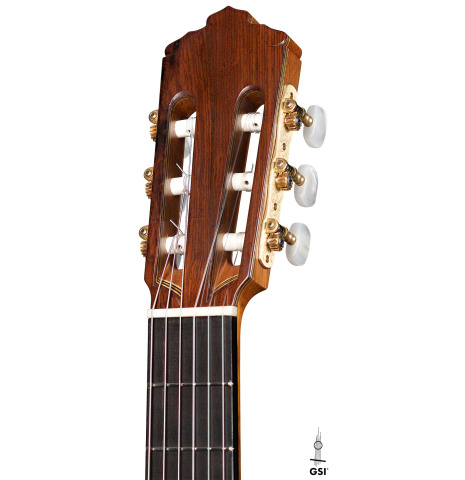 The headstock of a 2022 Juan Garcia Fernandez classical guitar made with spruce top and cocobolo back and sides