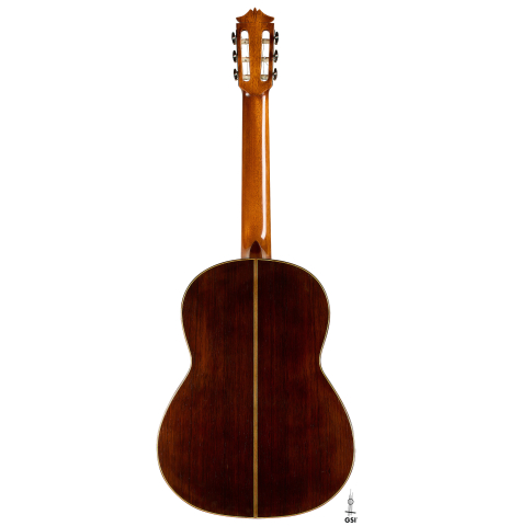 The back of a 1966 Arcangel Fernandez classical guitar made of spruce and CSA rosewood