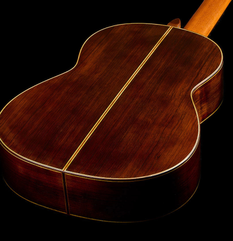 The back and sides of a 1966 Arcangel Fernandez classical guitar made of spruce and CSA rosewood