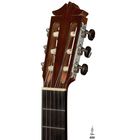 The headstock of a 1966 Arcangel Fernandez classical guitar made of spruce and CSA rosewood