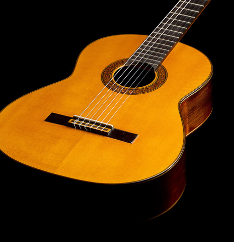 The soundboard of a 1966 Arcangel Fernandez classical guitar made of spruce and CSA rosewood