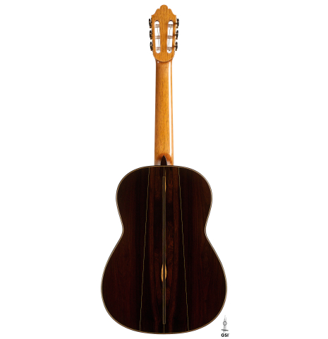 The back of a 2022 Dominique Field classical guitar made with spruce and CSA rosewood