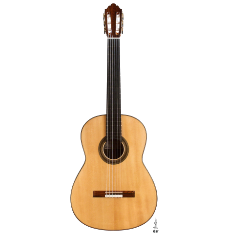 The front of a 2022 Dominique Field classical guitar made with spruce and CSA rosewood
