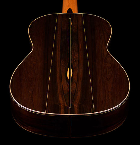 The back of a 2022 Dominique Field classical guitar made with spruce and CSA rosewood