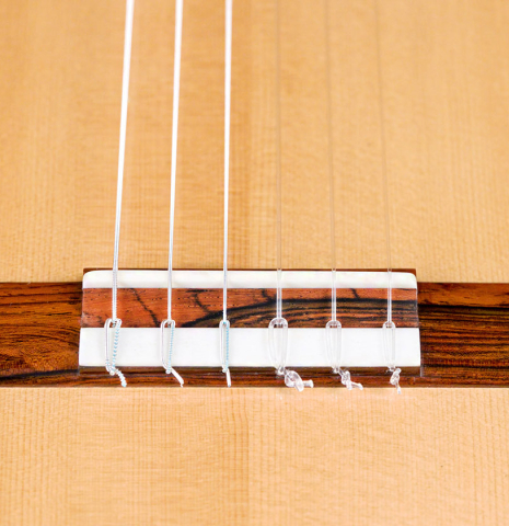 The bridge, saddle and nylon strings of a 2022 Dominique Field classical guitar made with spruce and CSA rosewood