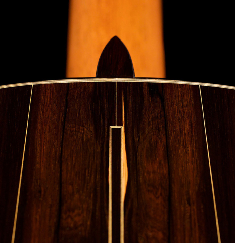 The back and heel of a 2022 Dominique Field classical guitar made with spruce and CSA rosewood