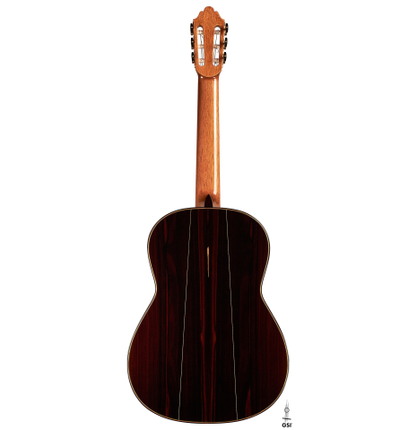 The back of a 2023 Dominique Field classical guitar made with spruce and CSA rosewood on a white background