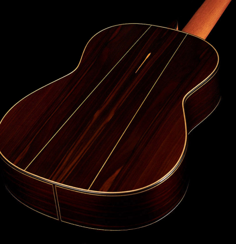 The back and sides of a 2023 Dominique Field classical guitar made with spruce and CSA rosewood