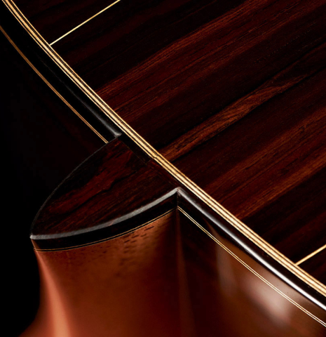 The back and heel of a 2023 Dominique Field classical guitar made with spruce and CSA rosewood
