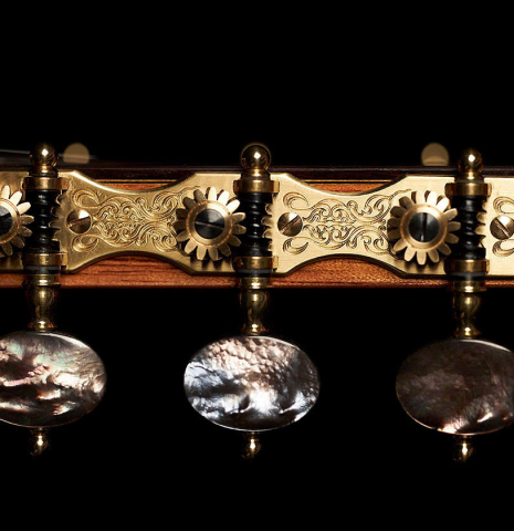 The tuning machines of a 2023 Dominique Field classical guitar made with spruce and CSA rosewood