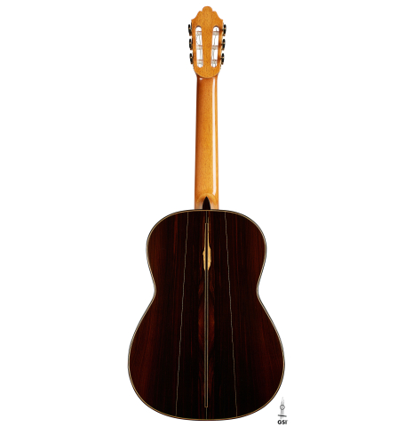 The back of a 2025 Dominique Field classical guitar made of spruce and CSA rosewood
