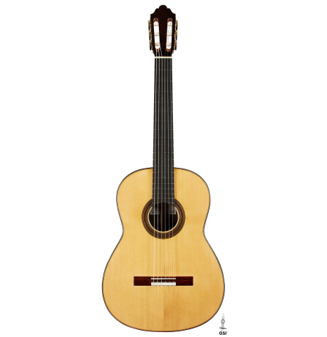 The front of a 2025 Dominique Field classical guitar made of spruce and CSA rosewood