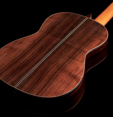 The back of a 2005 Dominique Field classical guitar made of spruce and CSA rosewood