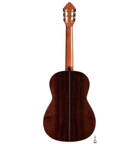 The back of a 2005 Dominique Field classical guitar made of spruce and CSA rosewood