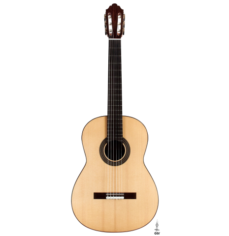 The front of a 2005 Dominique Field classical guitar made of spruce and CSA rosewood