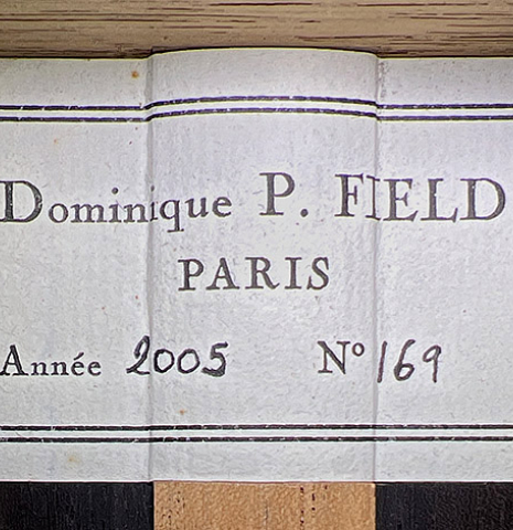 The label of a 2005 Dominique Field classical guitar made of spruce and CSA rosewood