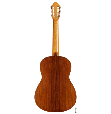 The back of a 1992 Dominique Field classical guitar made of spruce and Indian rosewood