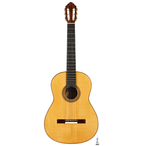 The front of a 1992 Dominique Field classical guitar made of spruce and Indian rosewood