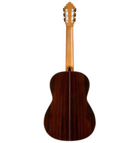 The back of a 2011 Dominique Field classical guitar made of spruce and CSA rosewood