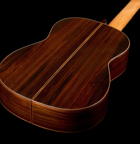The back and sides of a 2011 Dominique Field classical guitar made of spruce and CSA rosewood