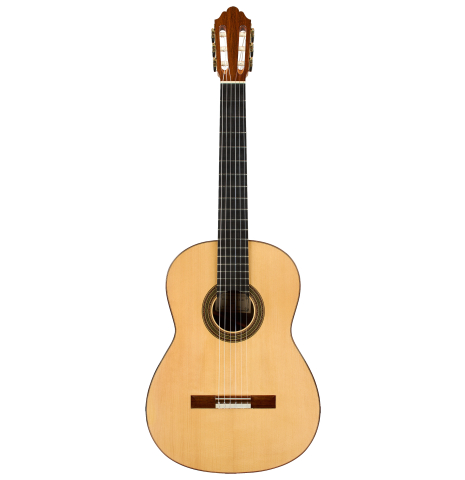 The front of a 2011 Dominique Field classical guitar made of spruce and CSA rosewood