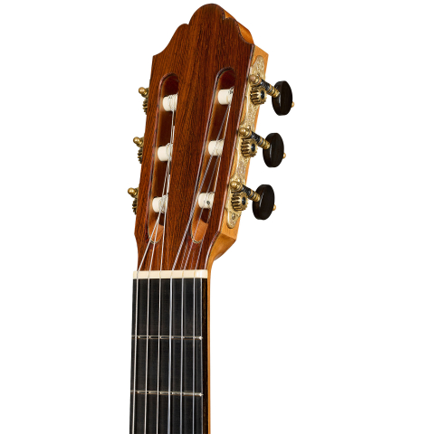 The headstock of a 2011 Dominique Field classical guitar made of spruce and CSA rosewood