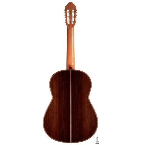 The back of a 2007 Paul Fischer "Premier Taut" classical guitar made with spruce and CSA rosewood.