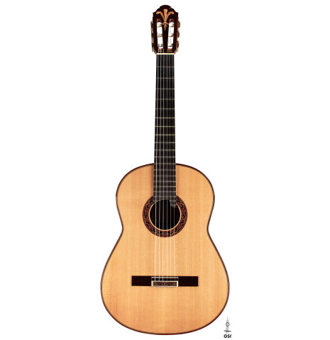 The front of a 2007 Paul Fischer "Premier Taut" classical guitar made with spruce and CSA rosewood.