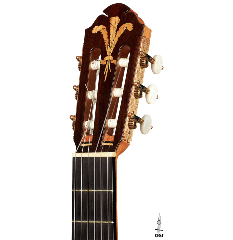 The headstock of a 2007 Paul Fischer "Premier Taut" classical guitar made with spruce and CSA rosewood.