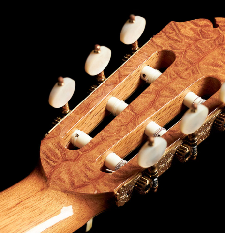 The back of the headstock of a 2007 Paul Fischer "Premier Taut" classical guitar made with spruce and CSA rosewood.