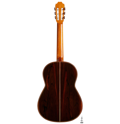The back of a 1990 Paul Fischer "Virtuoso" classical guitar made of spruce and CSA rosewood