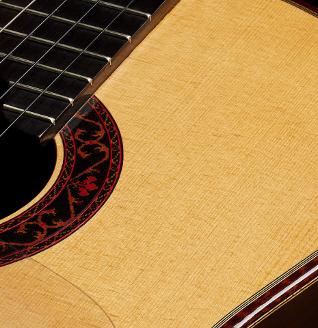The soundboard of a 1990 Paul Fischer "Virtuoso" classical guitar made of spruce and CSA rosewood