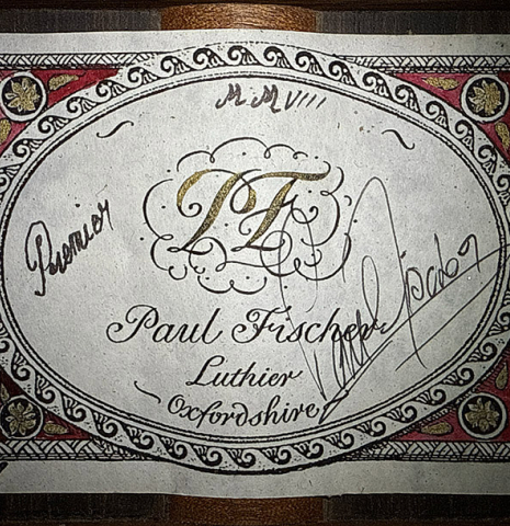 The label of a 2008 Paul Fischer "Premier" classical guitar made of cedar and CSA rosewood