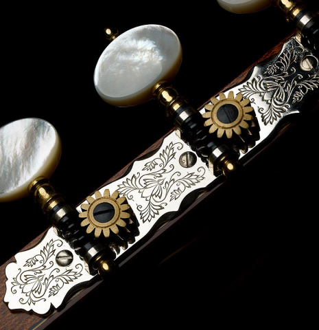 The Rodgers tuners of a 2008 Paul Fischer "Premier" classical guitar made of cedar and CSA rosewood