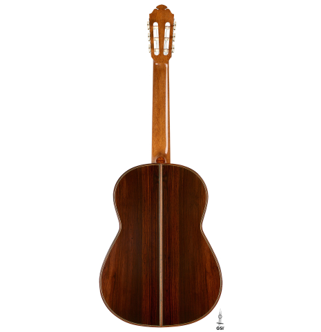 The back of a 2008 Paul Fischer "Premier" classical guitar made of cedar and CSA rosewood