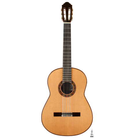 The front of a 2008 Paul Fischer "Premier" classical guitar made of cedar and CSA rosewood