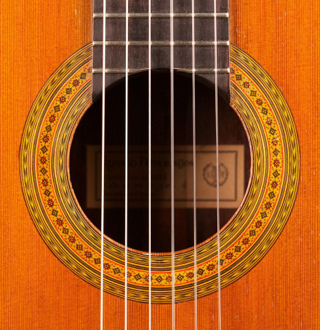 The rosette of a 1968 Ignacio Fleta classical guitar made of cedar and Indian rosewood