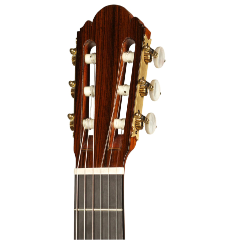 The headstock of a 1968 Ignacio Fleta classical guitar made of cedar and Indian rosewood