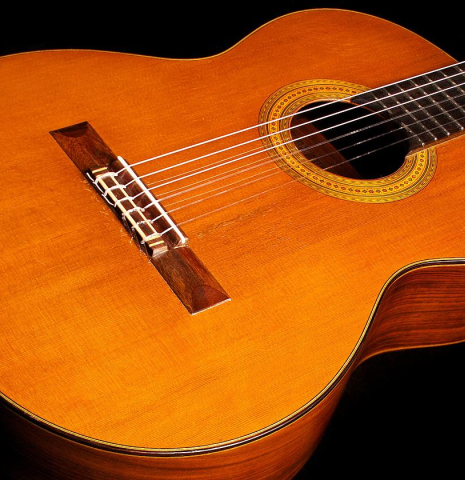 The front of a 1968 Ignacio Fleta classical guitar made of cedar and Indian rosewood