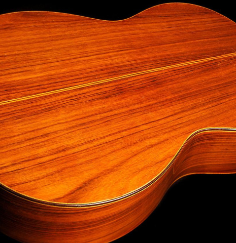 The back of a 1968 Ignacio Fleta classical guitar made of cedar and Indian rosewood