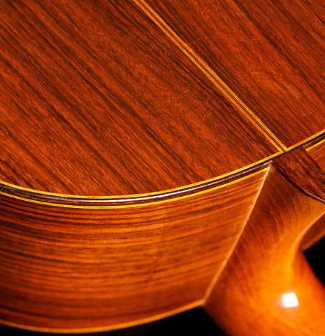 The back and heel of a 1968 Ignacio Fleta classical guitar made of cedar and Indian rosewood