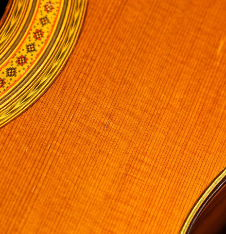The soundboard of a 1968 Ignacio Fleta classical guitar made of cedar and Indian rosewood