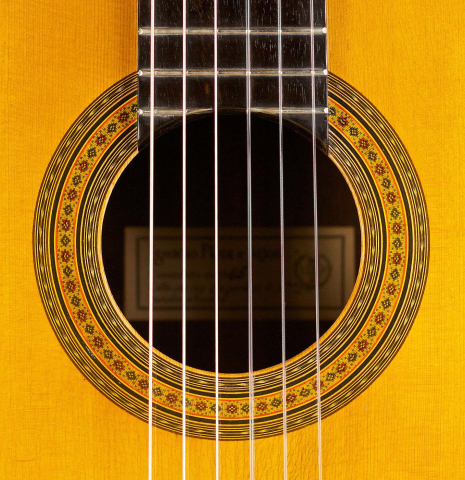 The rosette of a 1965 Ignacio Fleta classical guitar made of spruce and CSA rosewood