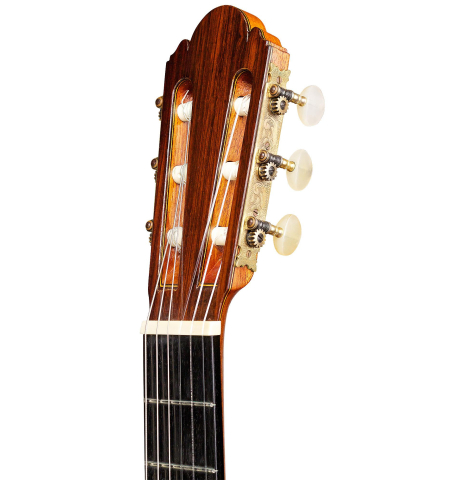 The headstock of a 1965 Ignacio Fleta classical guitar made of spruce and CSA rosewood