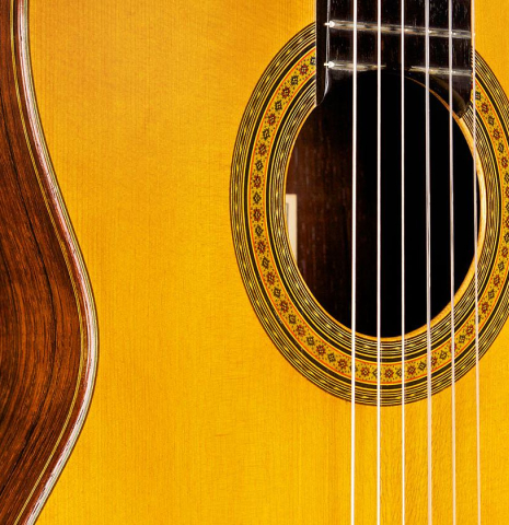 The top and side of a 1965 Ignacio Fleta classical guitar made of spruce and CSA rosewood