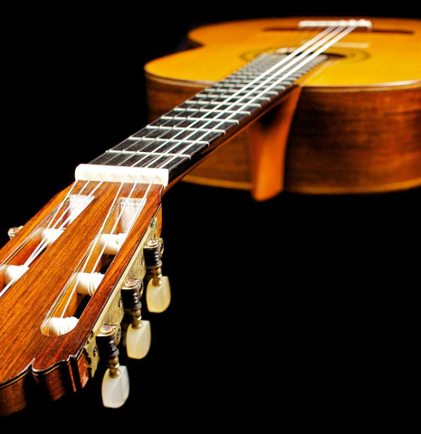 View from the headstock of a 1965 Ignacio Fleta classical guitar made of spruce and CSA rosewood