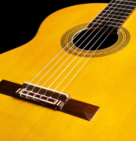 The soundboard of a 1965 Ignacio Fleta classical guitar made of spruce and CSA rosewood