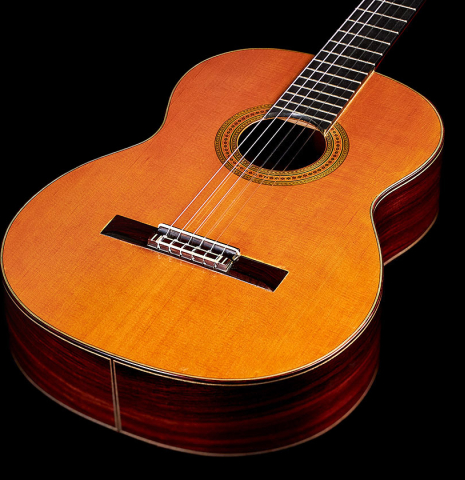 The front of a 1976 Ignacio Fleta (ex Craig H. Russell) Classical Guitar made with cedar and Indian rosewood